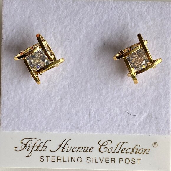 FAC Open Square Cubic Zirconia Gold Tone Stud Earrings - Picture 1 of 6